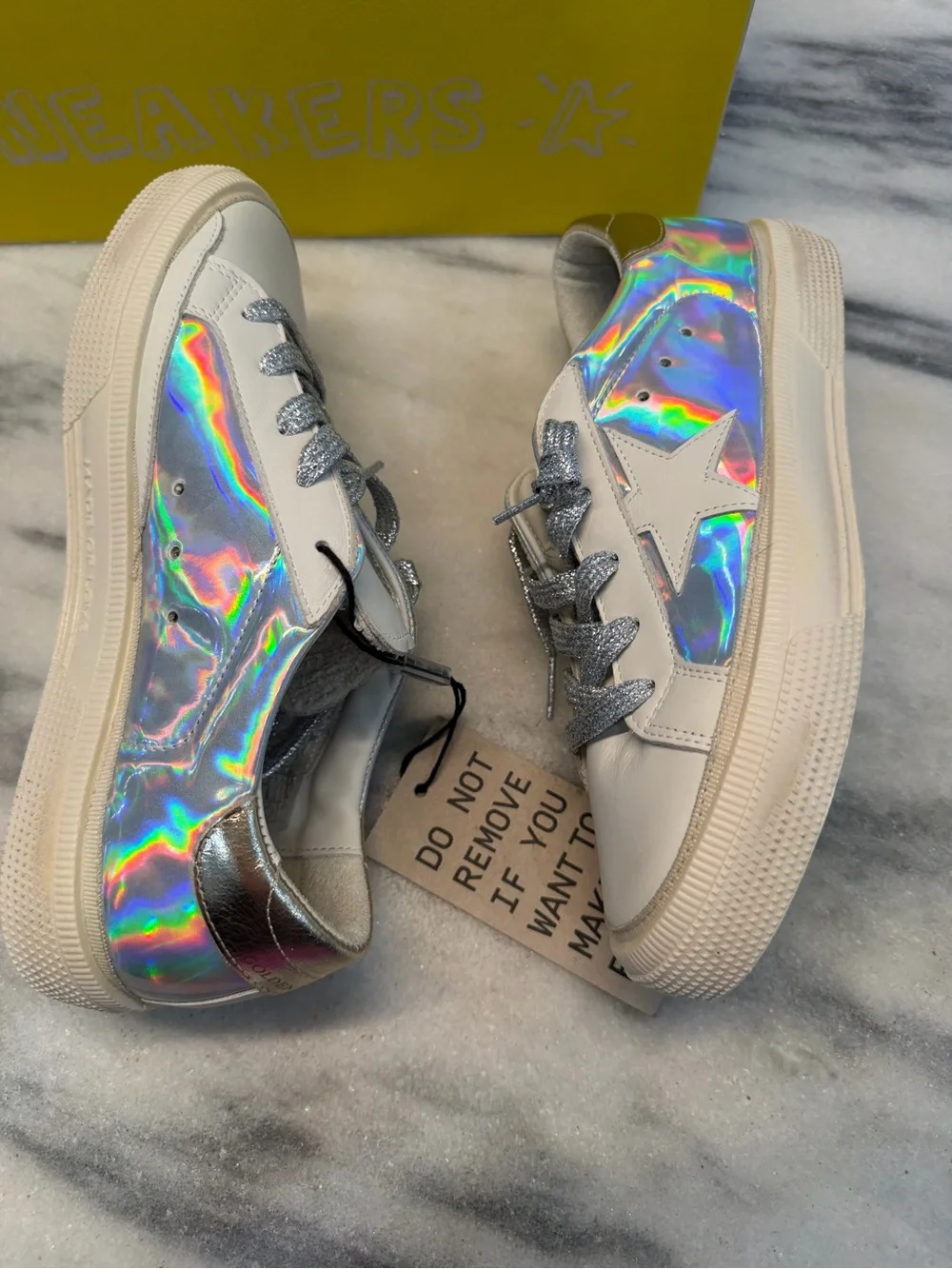 Golden Goose May Kids Holographic Silver & White Low-Top Sneakers size 35